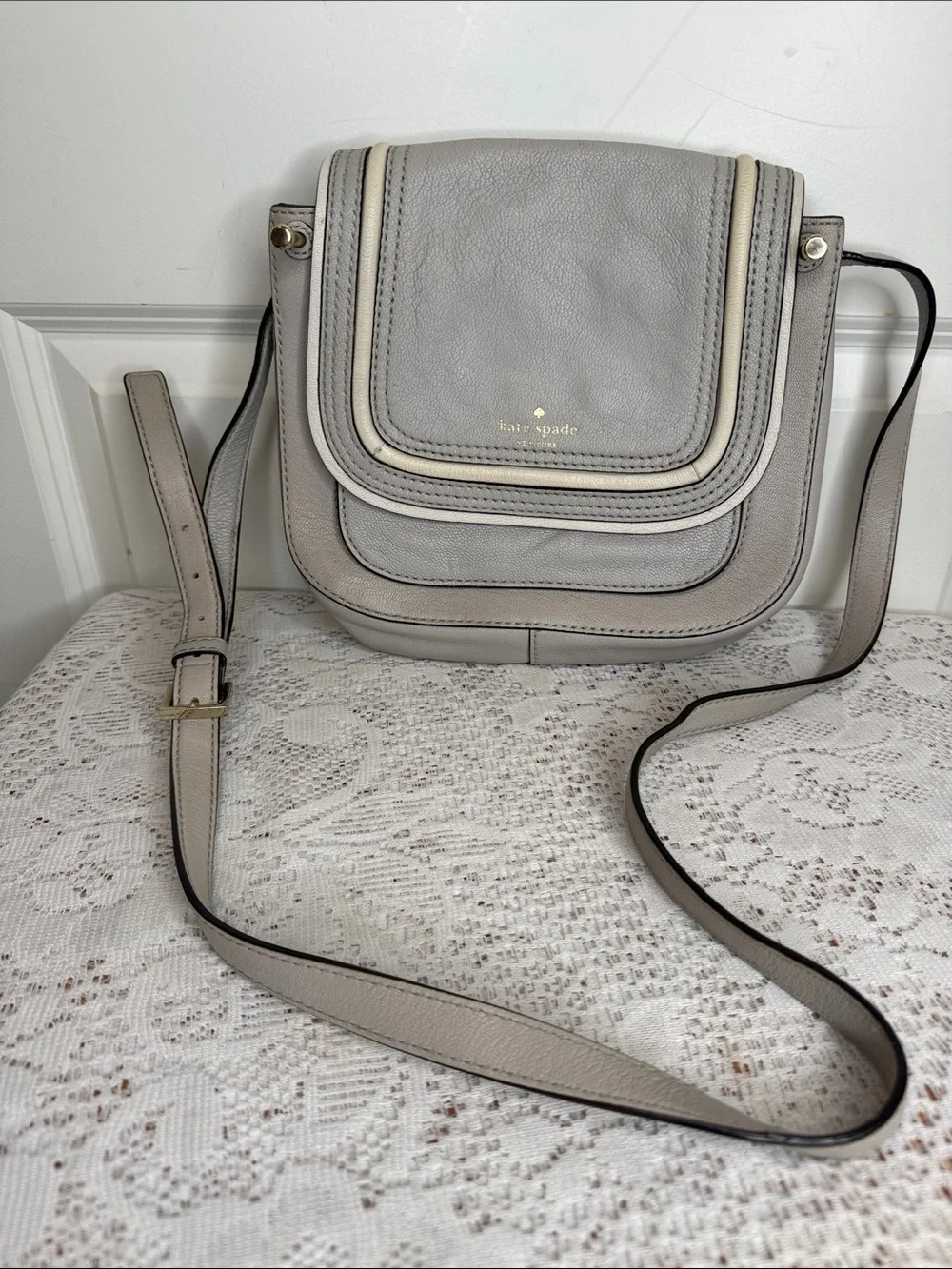 Kate Spade Pebbled Gray Layered Flap Crossbody with Gold Accents